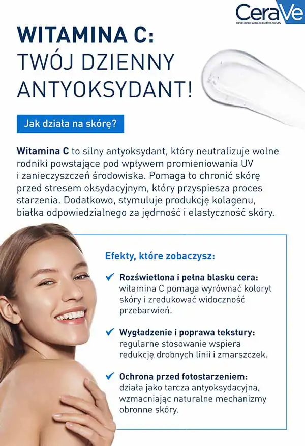 Infografika CeraVe o działaniu witaminy C na twarz: opis jak działa na skórę oraz jakie efekty daje regularne stosowanie kosmetyków z witaminą C